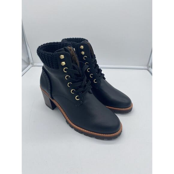 New Jack Rogers Harper Leather Lace Up Hiker Knit Block Heel Boots Black Size 9M - Picture 2 of 7